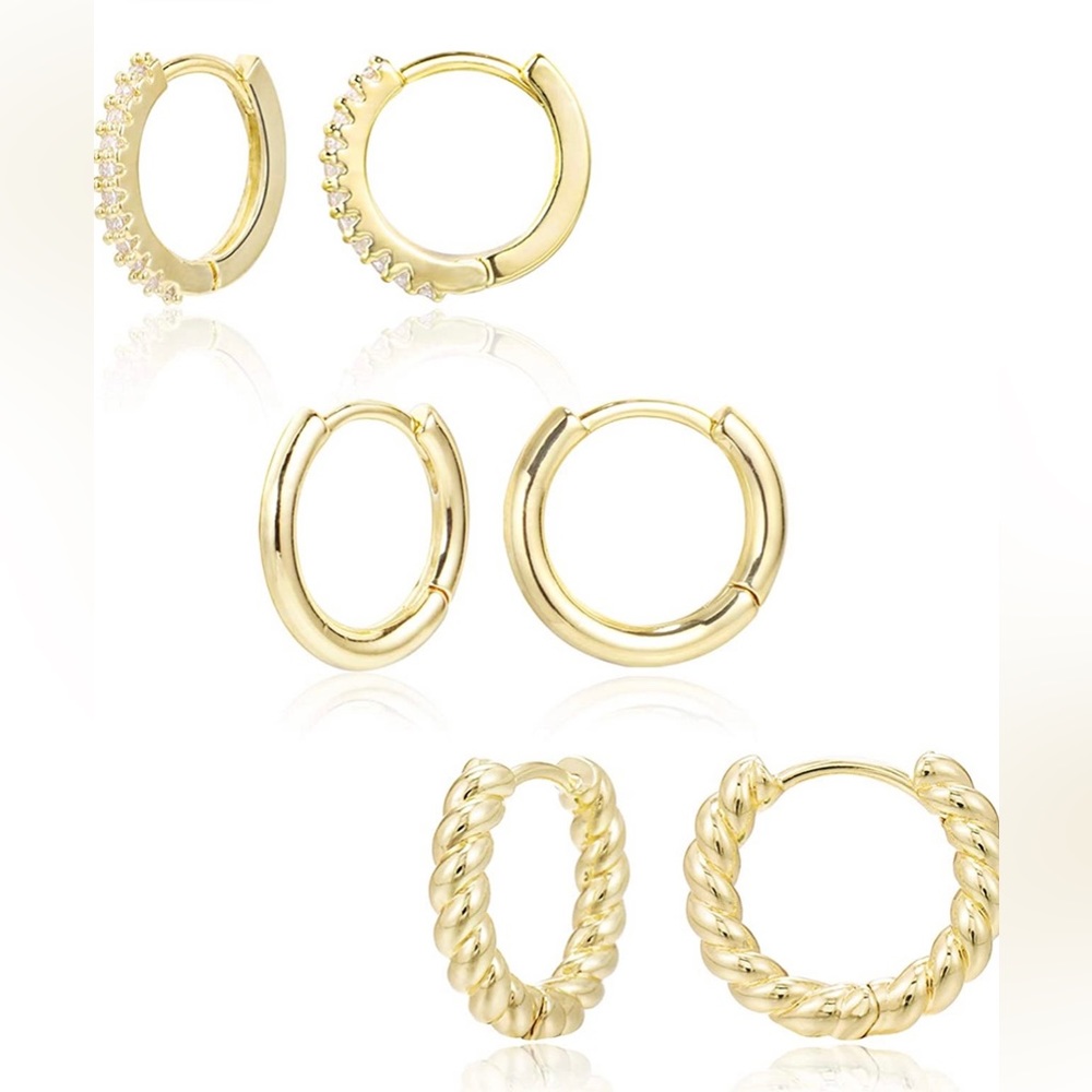 3 Pairs Small Huggie Hoop Earrings Set 14K Gold Plated